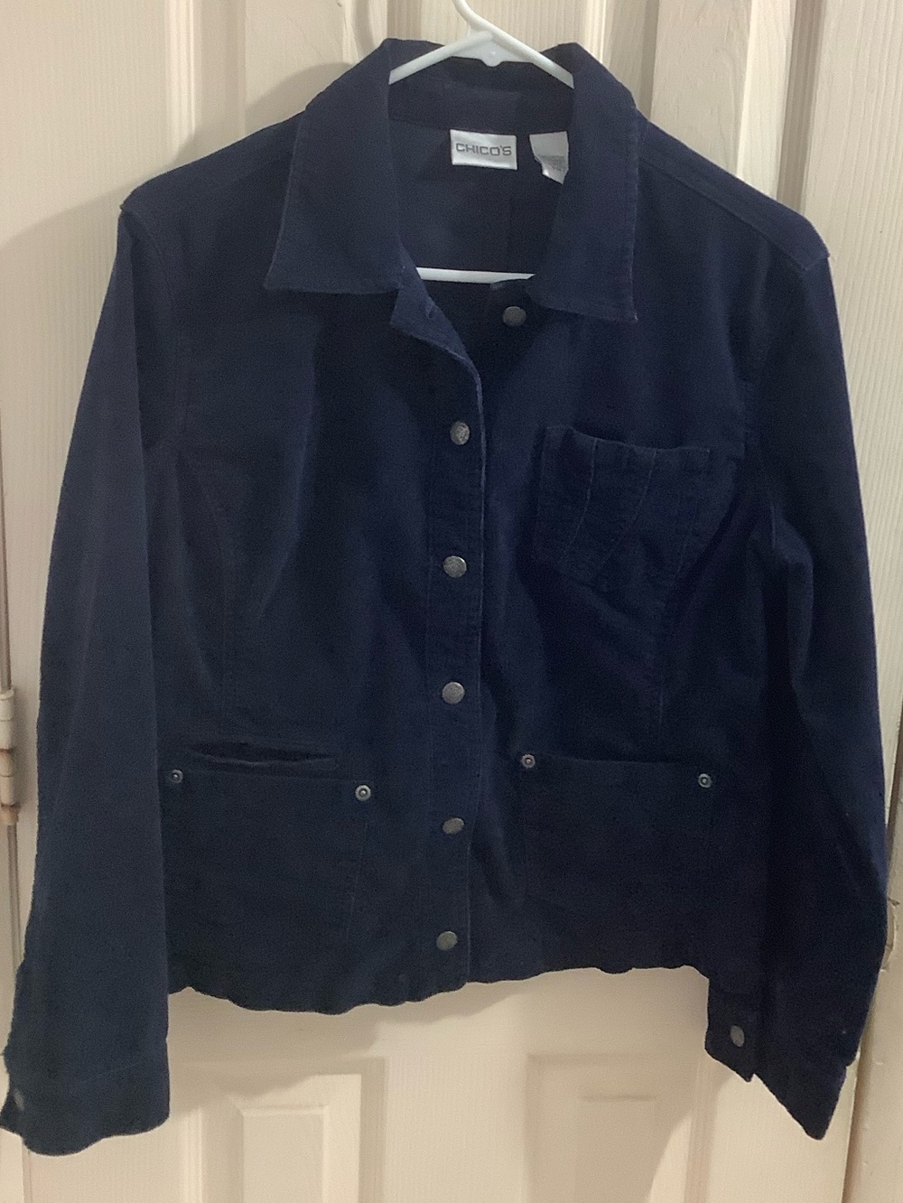 Chico's Navy Blue Corduroy Stretch Blazer Jacket Trucker Size 1 (8-10)